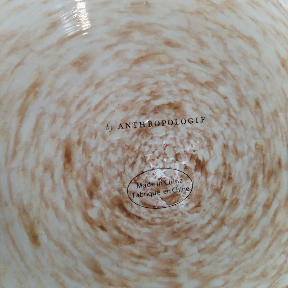 Anthropologie‎ Swirl Glass Rose Bowl Vase Cream Tan Flower Frog Insert Gold Tone